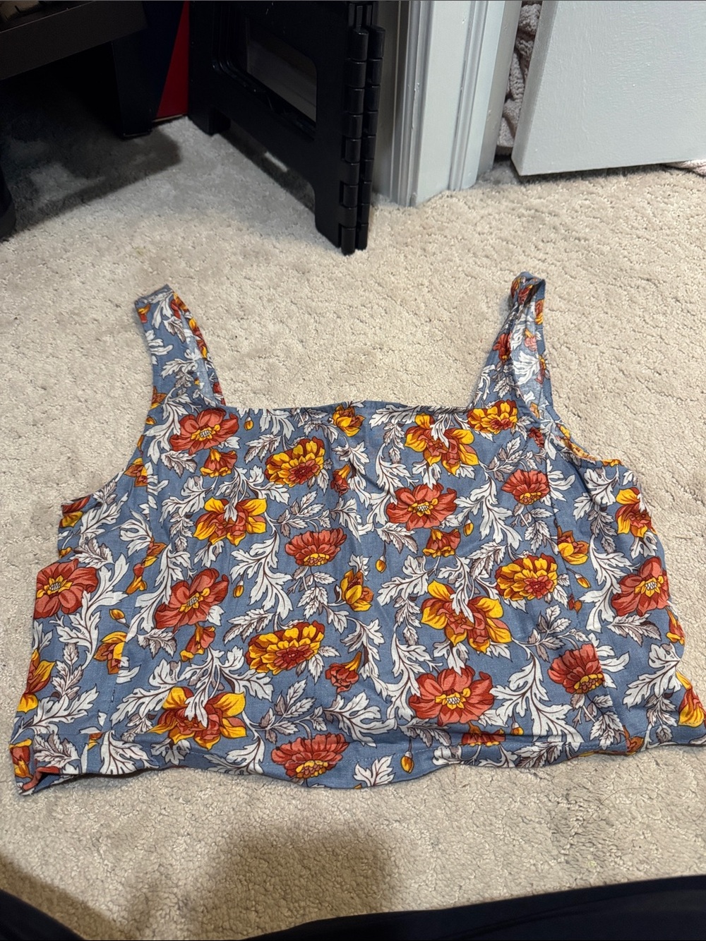 Rachel Zoe Blue Floral Cropped Camisole with Yellow & Coral Blooms